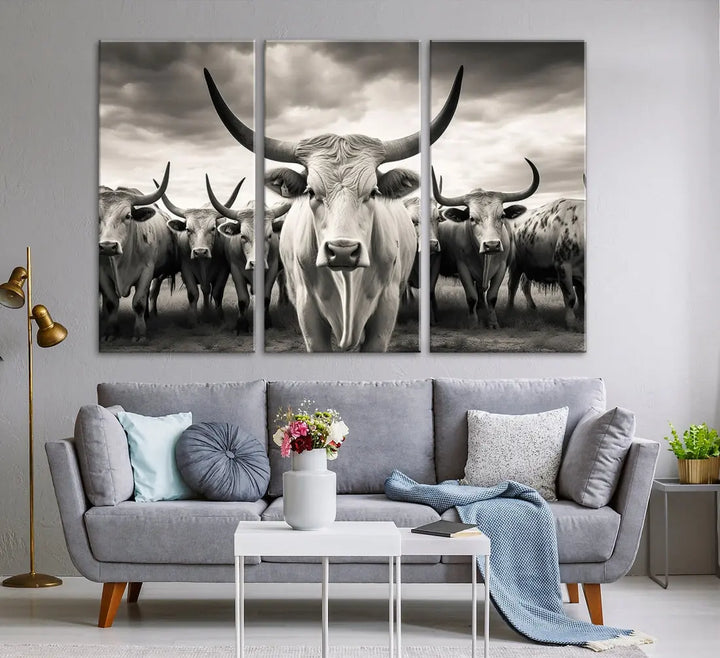 Texas Bighorn Cow Animal Wall Art Canvas Print, Longhorn Cow Large Wall Art