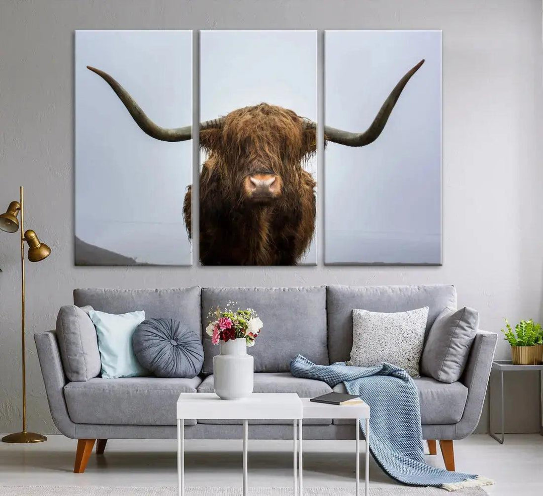 Texas Cow Animal Portrait Large Canvas Wall Art Giclee Print for Living Room Decor