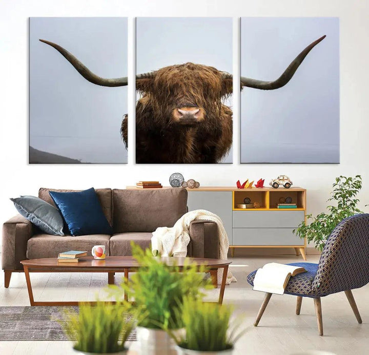 Texas Cow Animal Portrait Large Canvas Wall Art Giclee Print for Living Room Decor