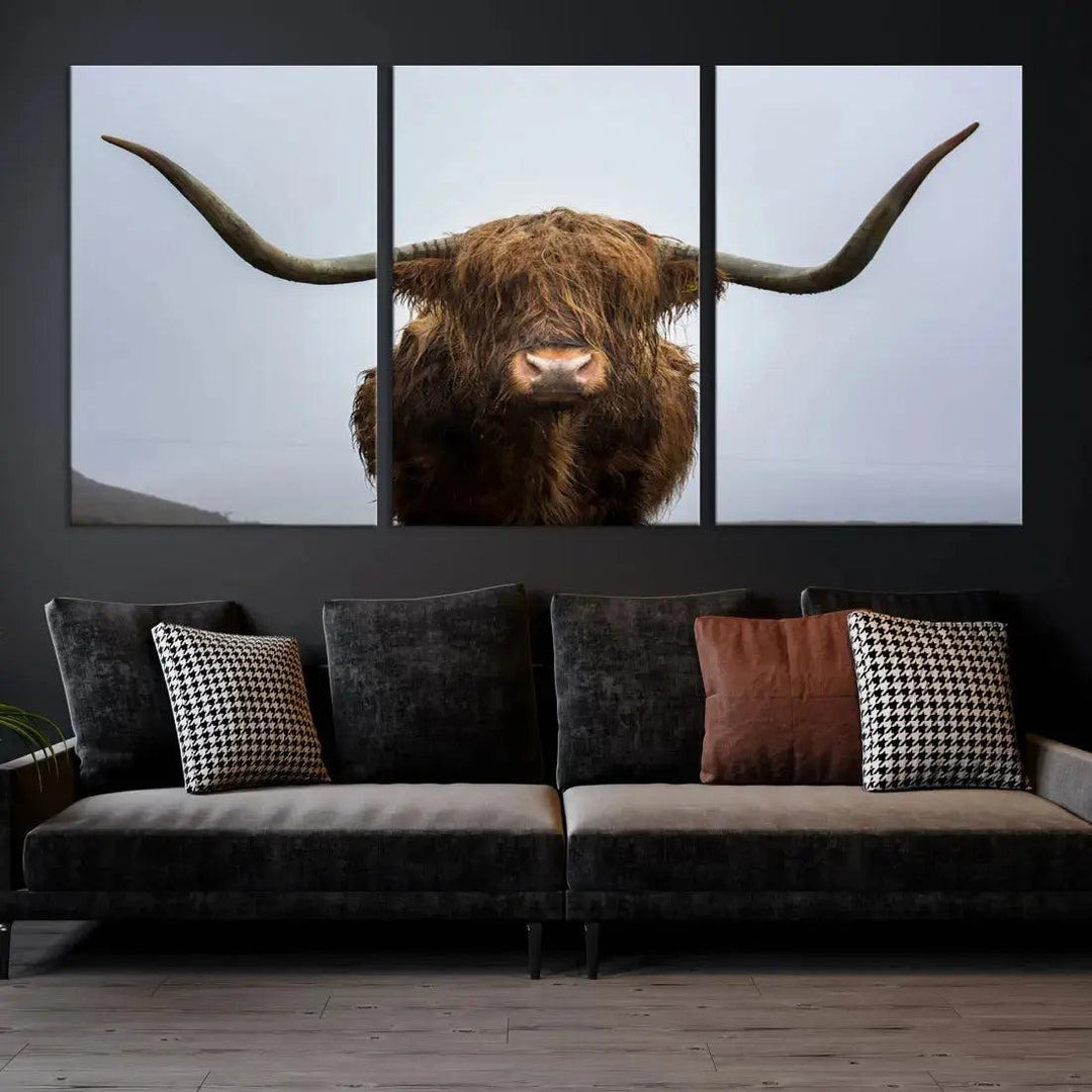 Texas Cow Animal Portrait Large Canvas Wall Art Giclee Print for Living Room Decor