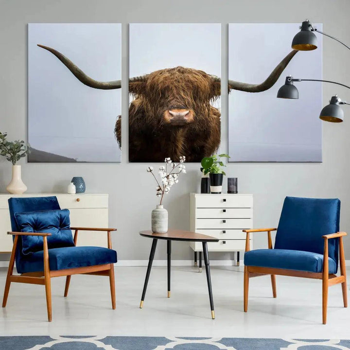 Texas Cow Animal Portrait Large Canvas Wall Art Giclee Print for Living Room Decor