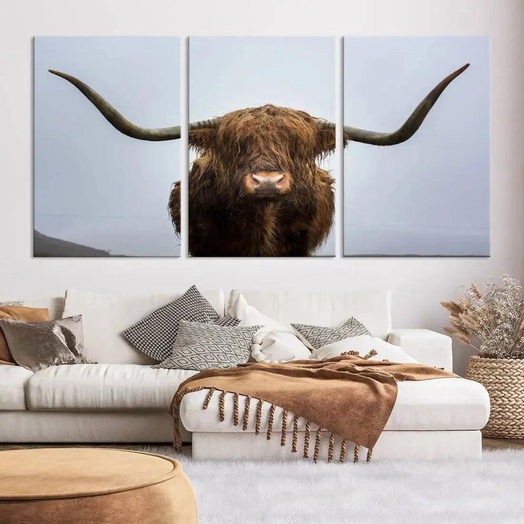 Texas Cow Animal Portrait Large Canvas Wall Art Giclee Print for Living Room Decor