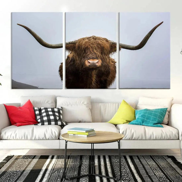 Texas Cow Animal Portrait Large Canvas Wall Art Giclee Print for Living Room Decor