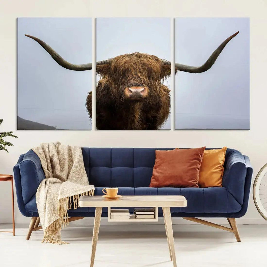 Texas Cow Animal Portrait Large Canvas Wall Art Giclee Print for Living Room Decor