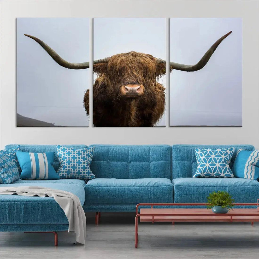 Texas Cow Animal Portrait Large Canvas Wall Art Giclee Print for Living Room Decor