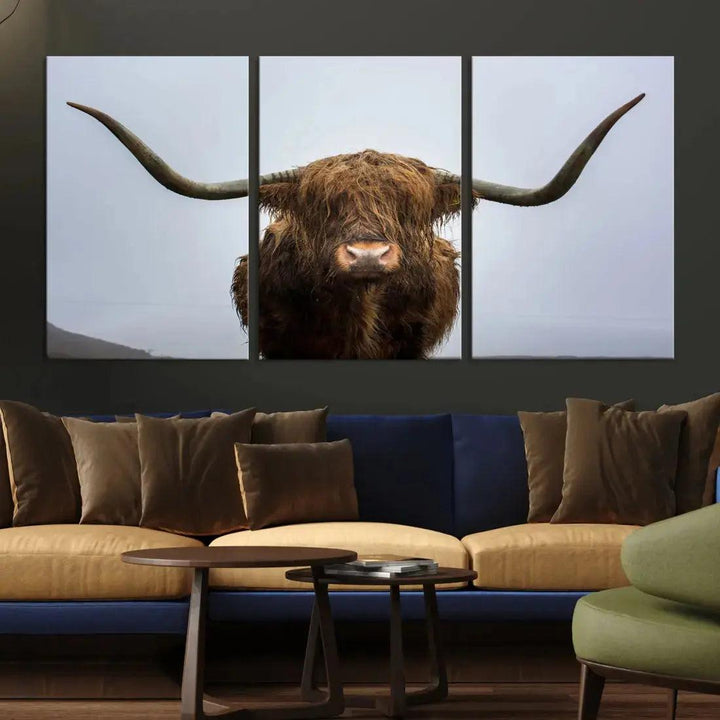 Texas Cow Animal Portrait Large Canvas Wall Art Giclee Print for Living Room Decor