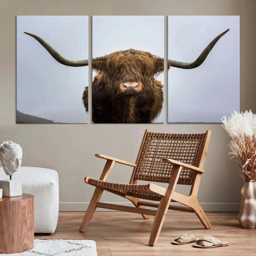 Texas Cow Animal Portrait Large Canvas Wall Art Giclee Print for Living Room Decor