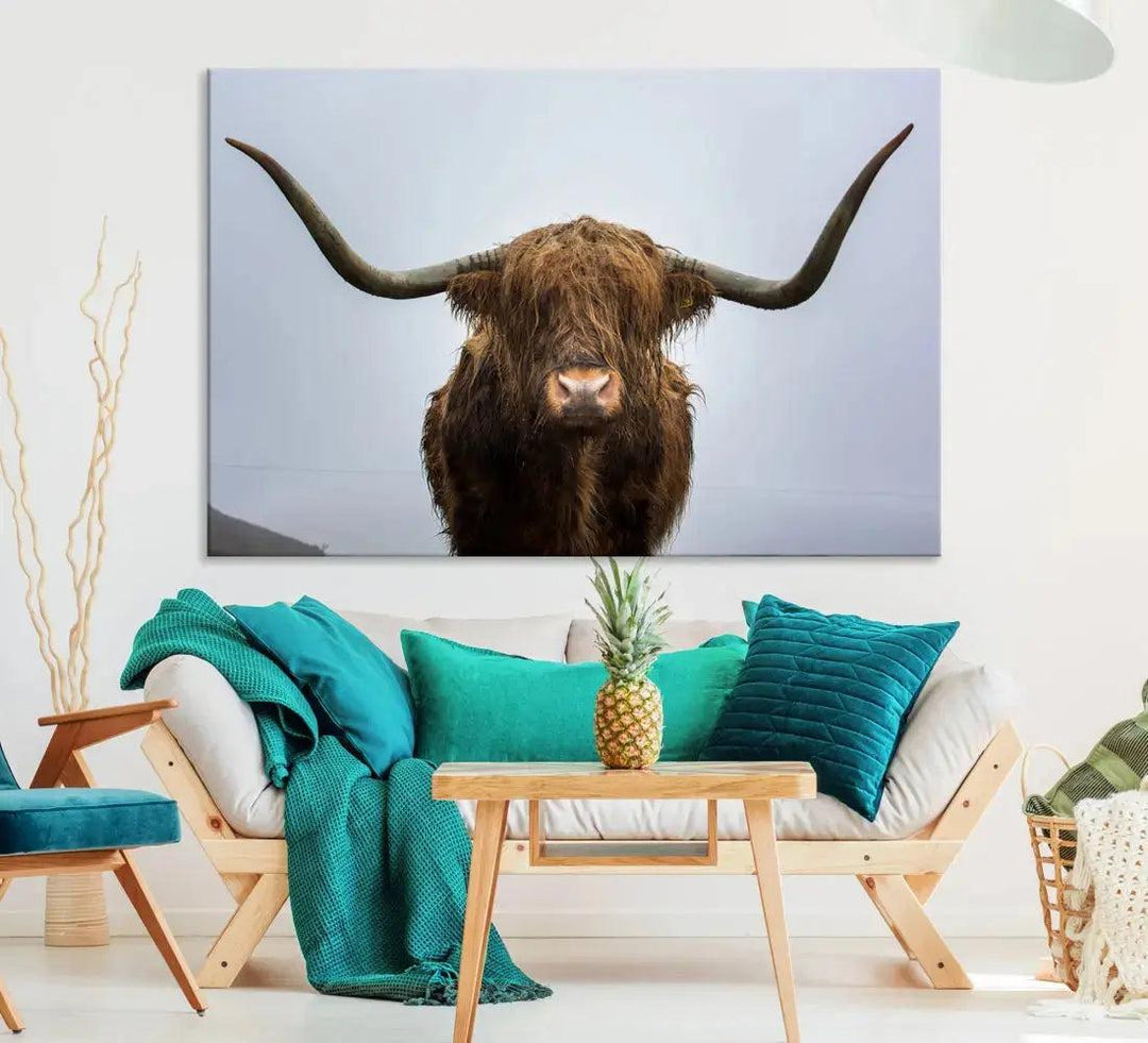 Texas Cow Animal Portrait Large Canvas Wall Art Giclee Print for Living Room Decor