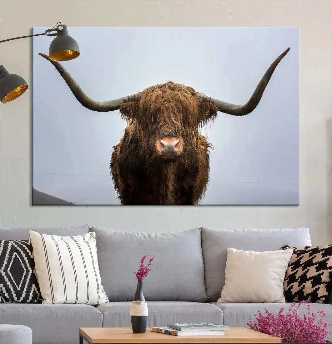 Texas Cow Animal Portrait Large Canvas Wall Art Giclee Print for Living Room Decor