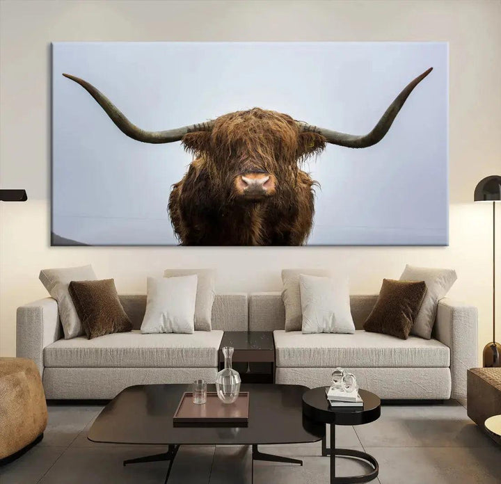 Texas Cow Animal Portrait Large Canvas Wall Art Giclee Print for Living Room Decor