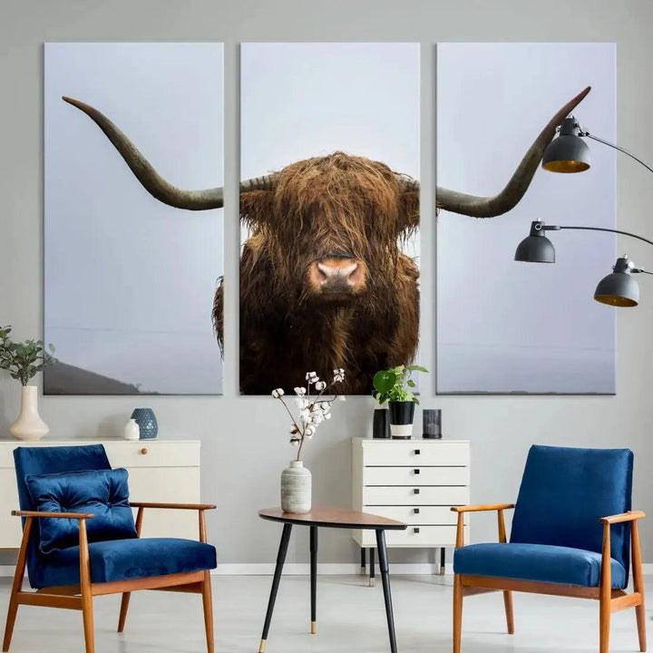 Texas Cow Animal Portrait Large Canvas Wall Art Giclee Print for Living Room Decor