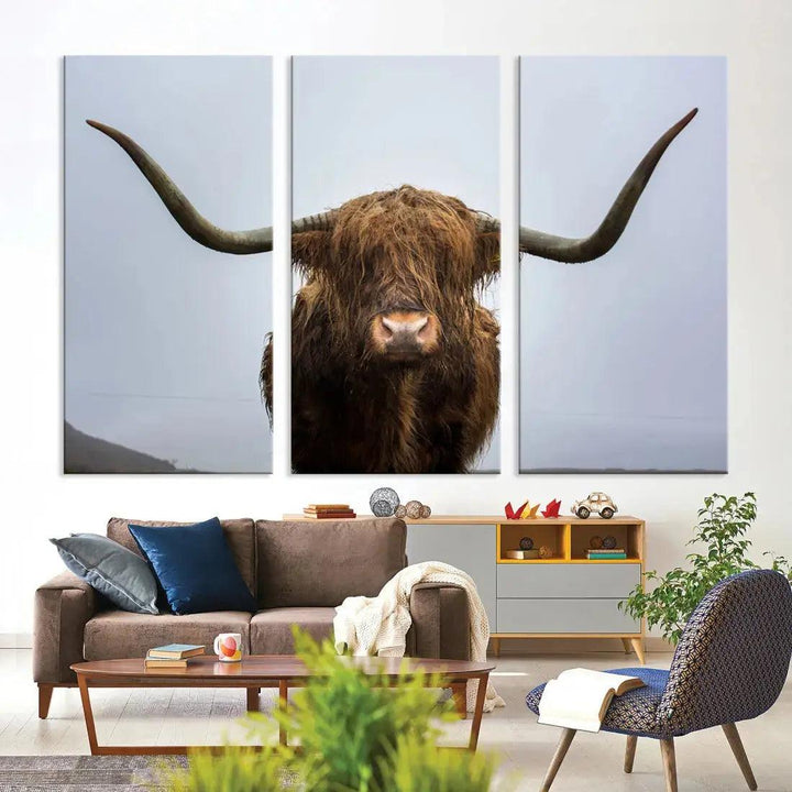 Texas Cow Animal Portrait Large Canvas Wall Art Giclee Print for Living Room Decor