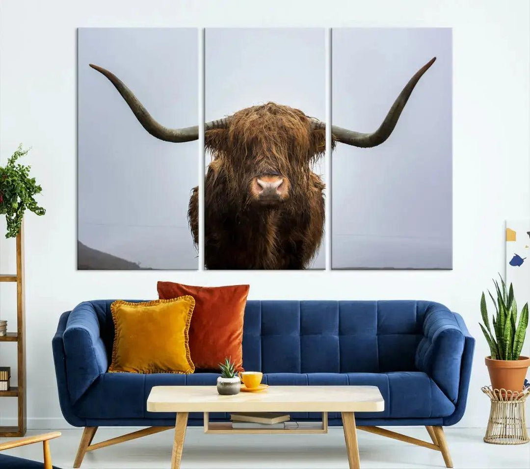 Texas Cow Animal Portrait Large Canvas Wall Art Giclee Print for Living Room Decor