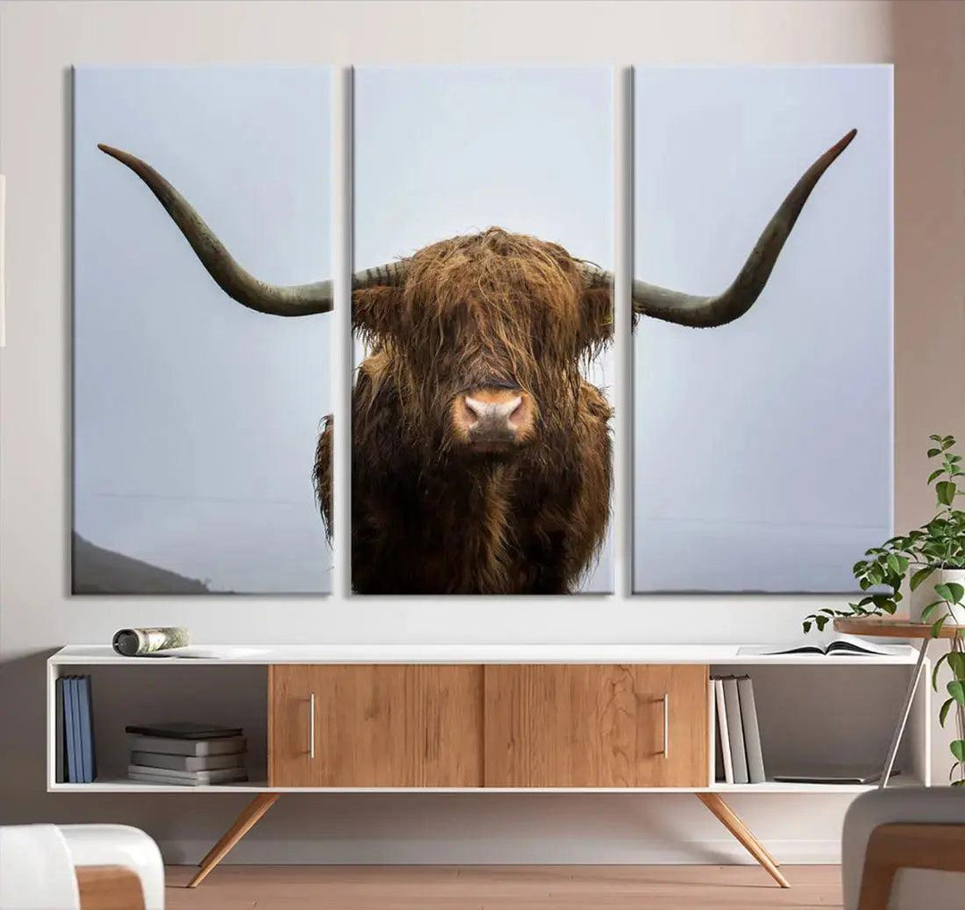 Texas Cow Animal Portrait Large Canvas Wall Art Giclee Print for Living Room Decor