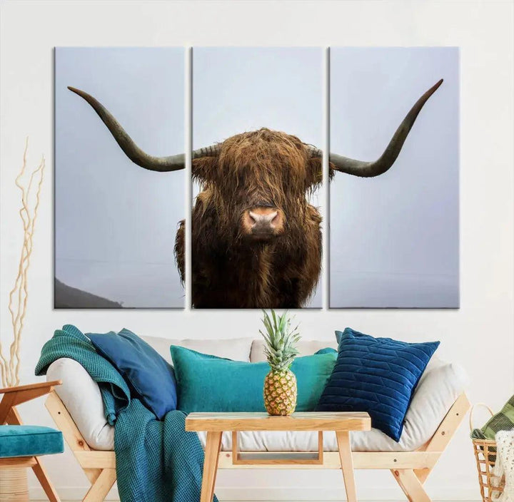 Texas Cow Animal Portrait Large Canvas Wall Art Giclee Print for Living Room Decor