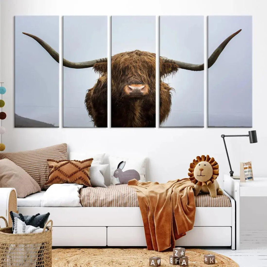 Texas Cow Animal Portrait Large Canvas Wall Art Giclee Print for Living Room Decor