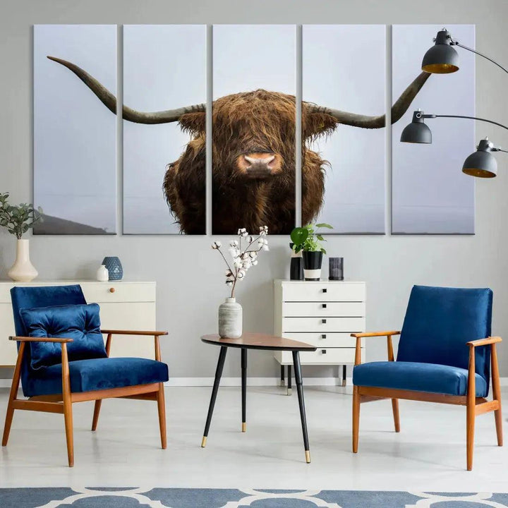 Texas Cow Animal Portrait Large Canvas Wall Art Giclee Print for Living Room Decor