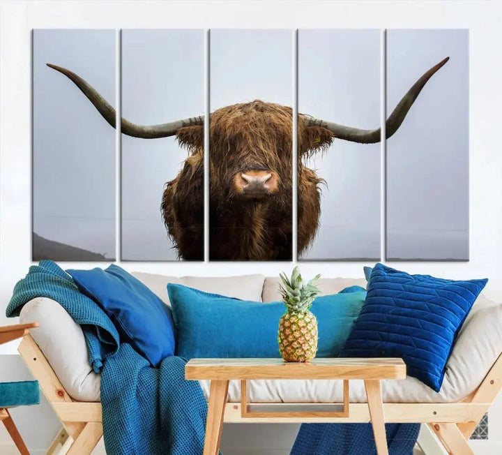 Texas Cow Animal Portrait Large Canvas Wall Art Giclee Print for Living Room Decor