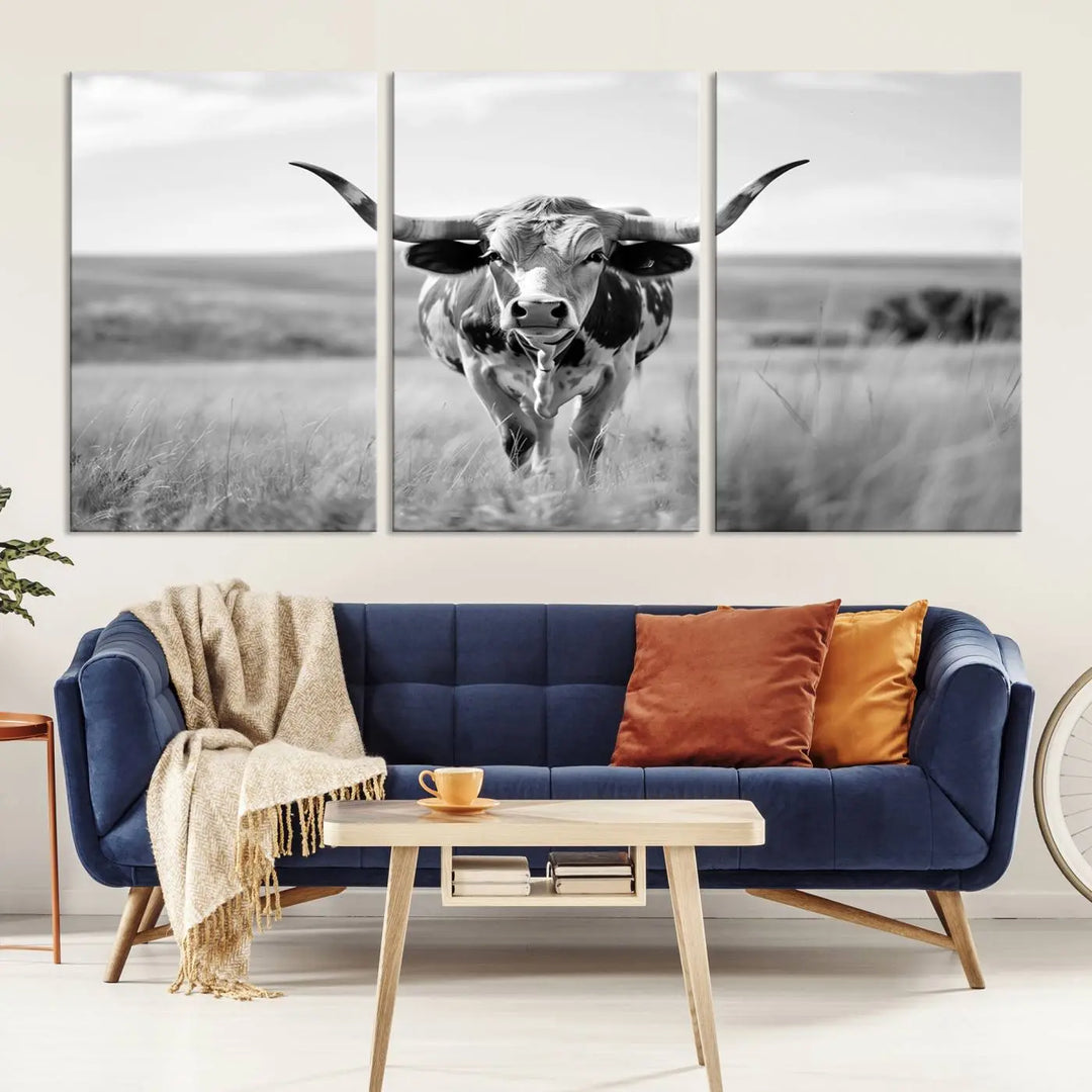 Texas Cow Longhorn Wall Art Canvas Print for Farm House Wall Decor, Farmhouse Wall Art Print