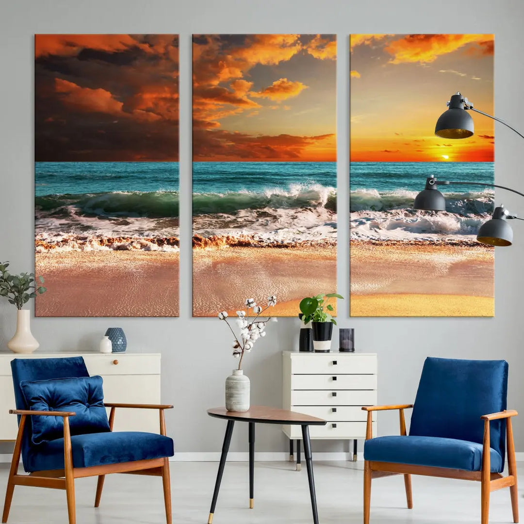 Thrilling Red Sunset Ocean Wave Beach Wall Art Canvas Print Coastal Printing