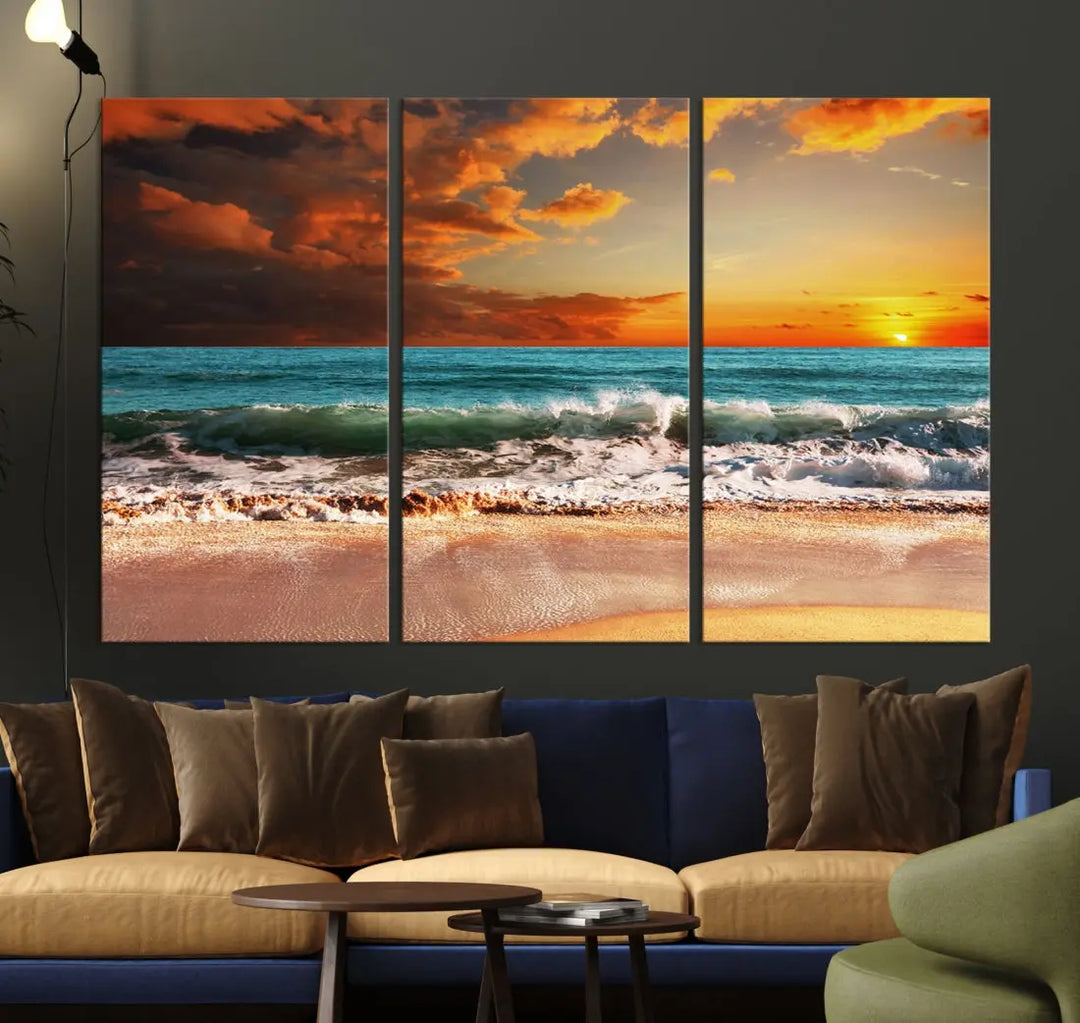 Thrilling Red Sunset Ocean Wave Beach Wall Art Canvas Print Coastal Printing