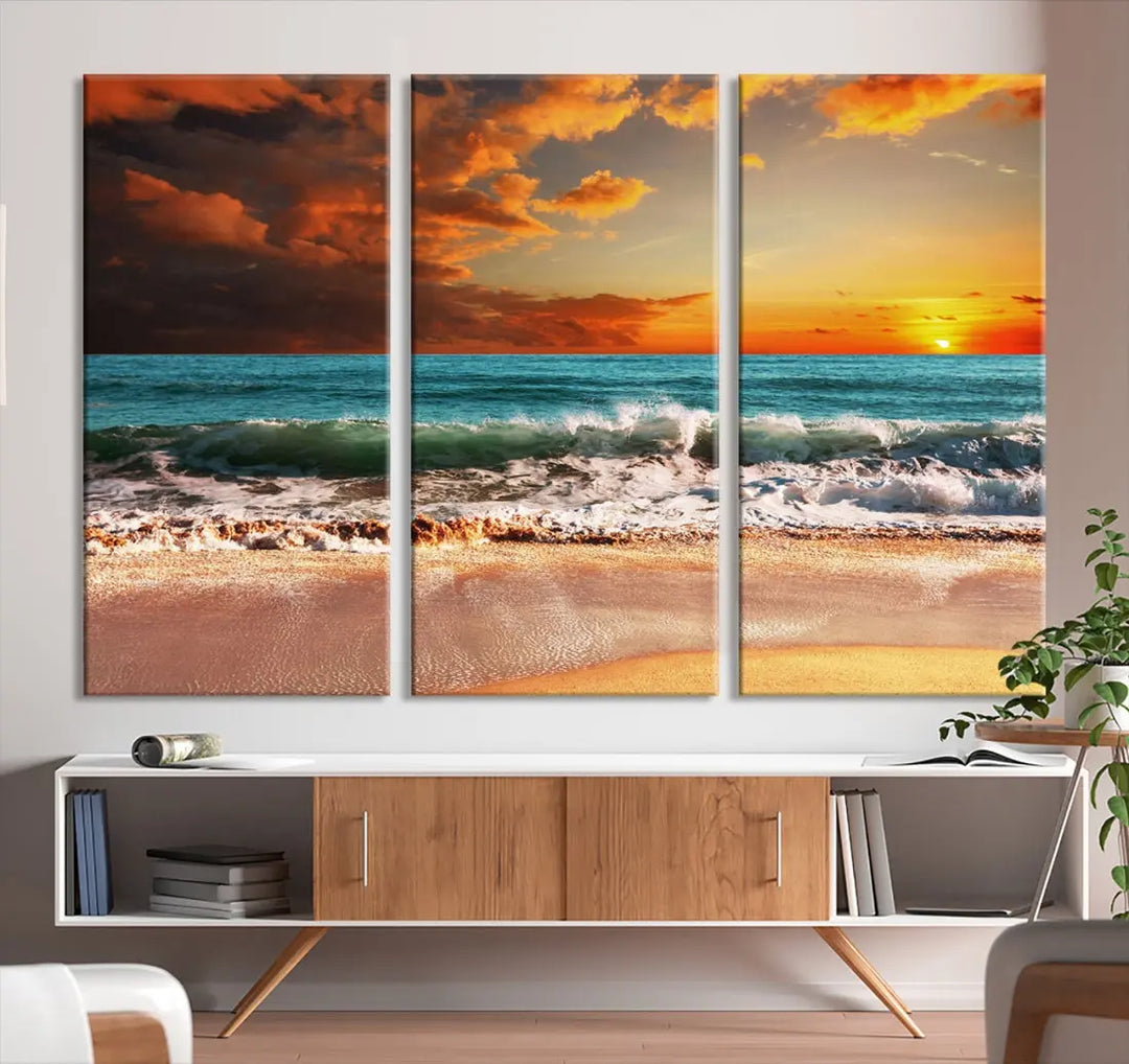 Thrilling Red Sunset Ocean Wave Beach Wall Art Canvas Print Coastal Printing