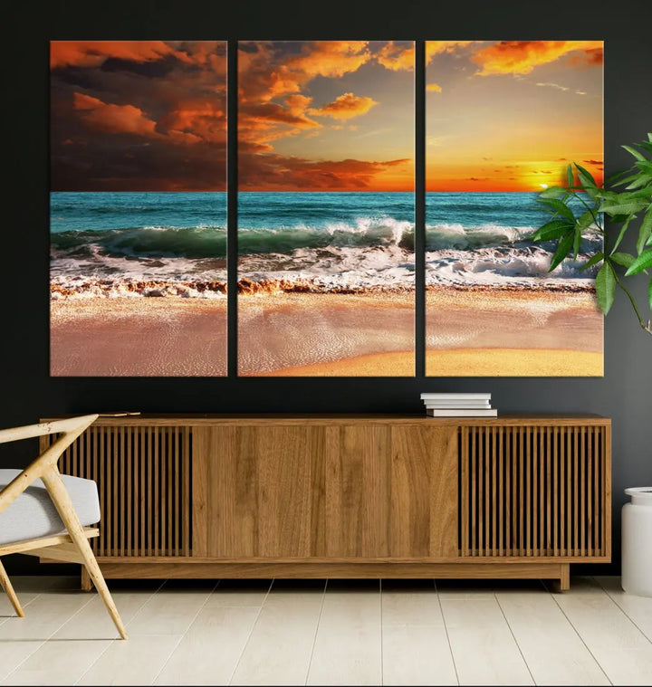 Thrilling Red Sunset Ocean Wave Beach Wall Art Canvas Print Coastal Printing