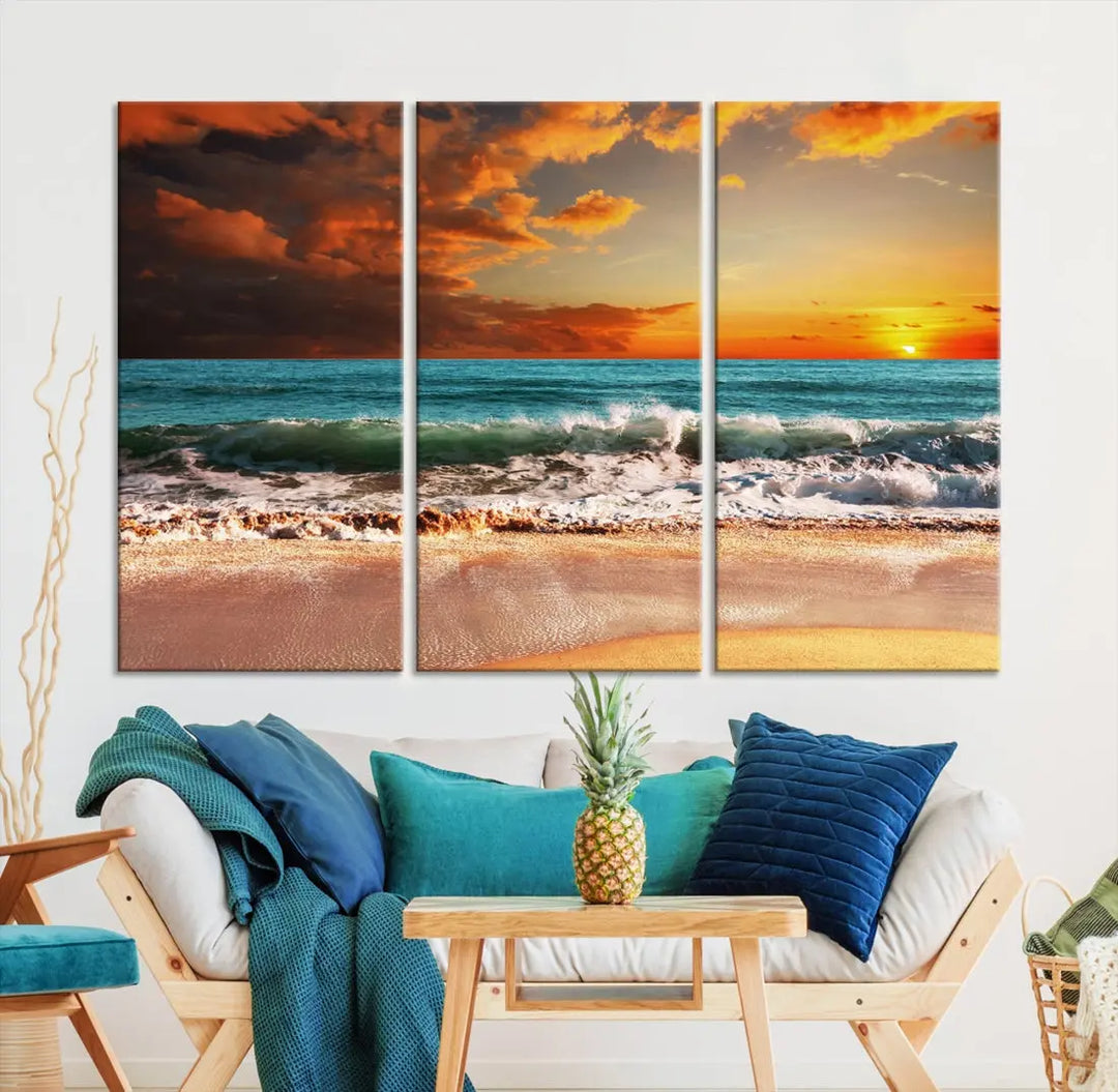 Thrilling Red Sunset Ocean Wave Beach Wall Art Canvas Print Coastal Printing