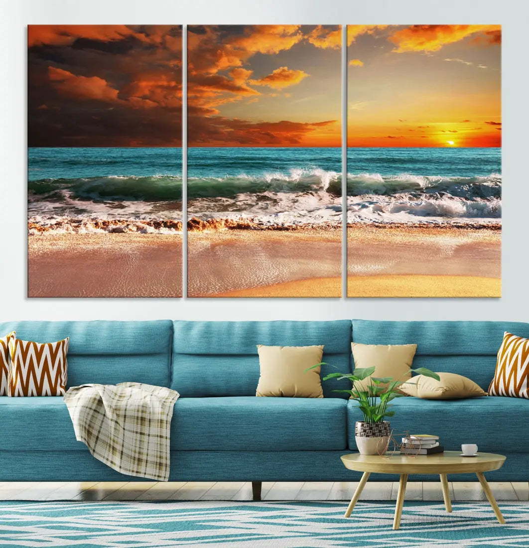 Thrilling Red Sunset Ocean Wave Beach Wall Art Canvas Print Coastal Printing