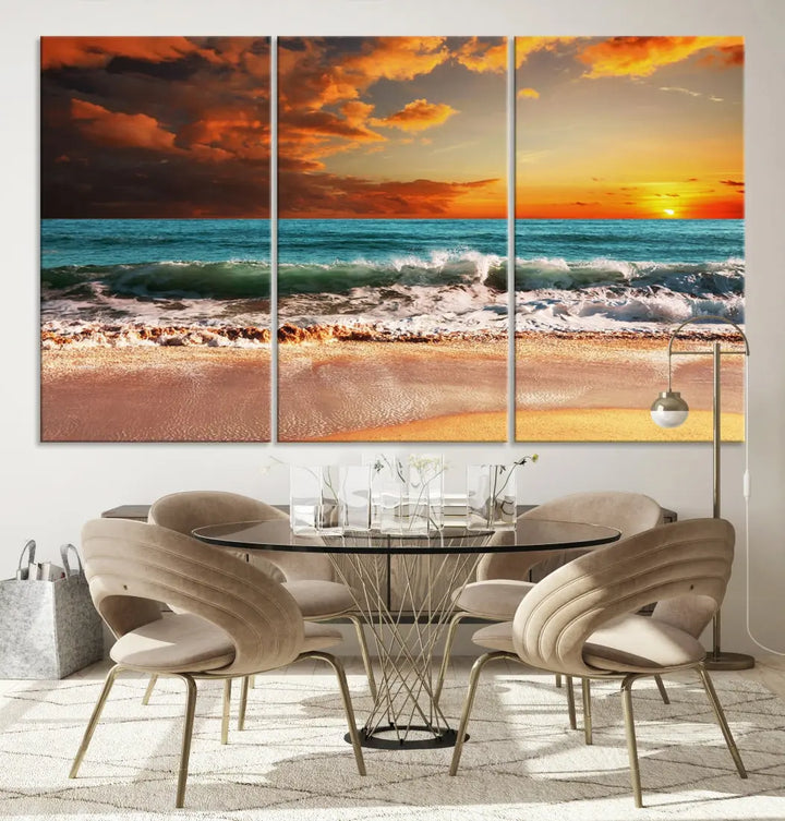 Thrilling Red Sunset Ocean Wave Beach Wall Art Canvas Print Coastal Printing