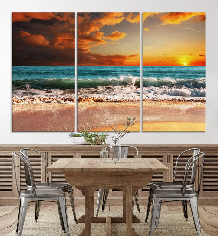 Thrilling Red Sunset Ocean Wave Beach Wall Art Canvas Print Coastal Printing