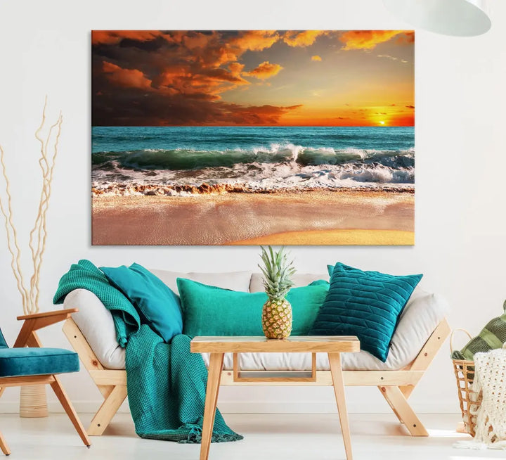 Thrilling Red Sunset Ocean Wave Beach Wall Art Canvas Print Coastal Printing