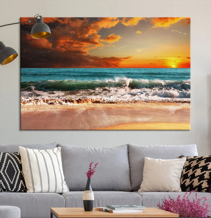 Thrilling Red Sunset Ocean Wave Beach Wall Art Canvas Print Coastal Printing