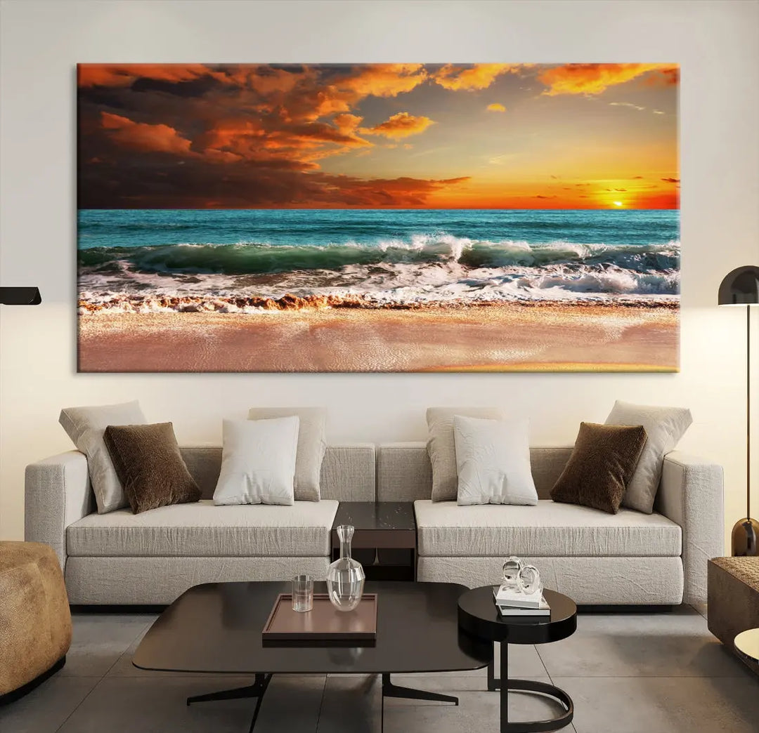 Thrilling Red Sunset Ocean Wave Beach Wall Art Canvas Print Coastal Printing