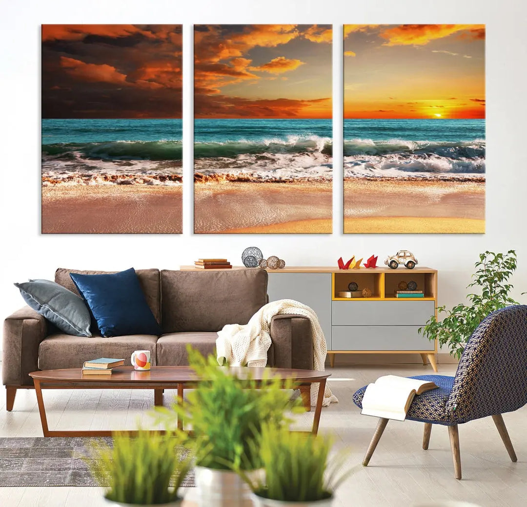 Thrilling Red Sunset Ocean Wave Beach Wall Art Canvas Print Coastal Printing