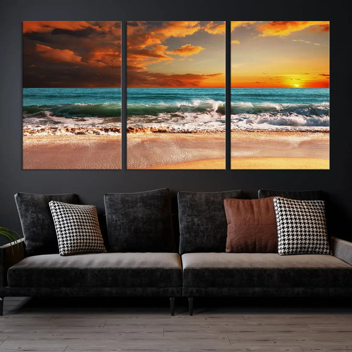 Thrilling Red Sunset Ocean Wave Beach Wall Art Canvas Print Coastal Printing