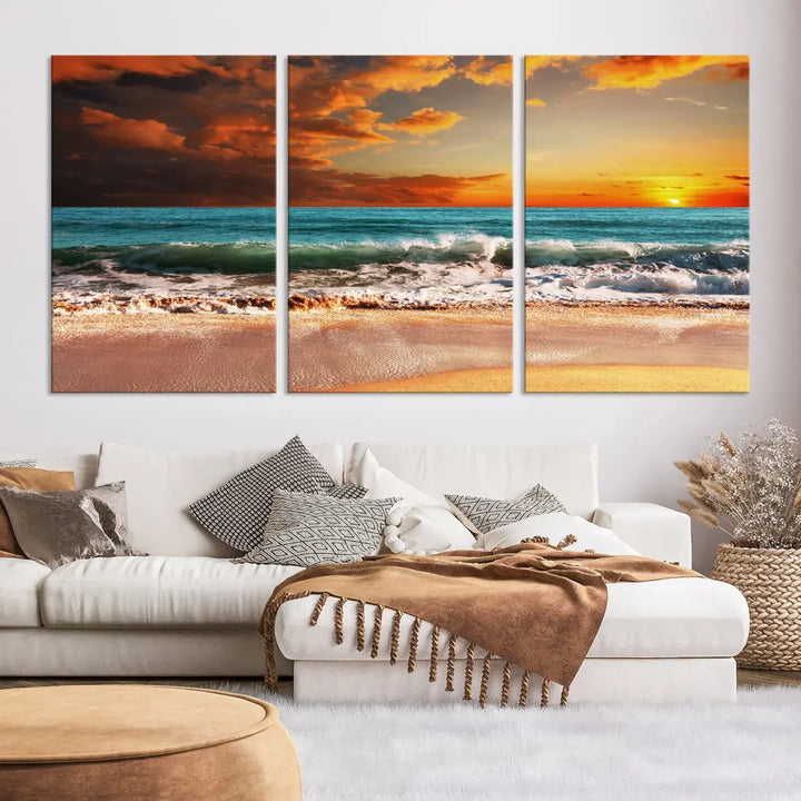 Thrilling Red Sunset Ocean Wave Beach Wall Art Canvas Print Coastal Printing