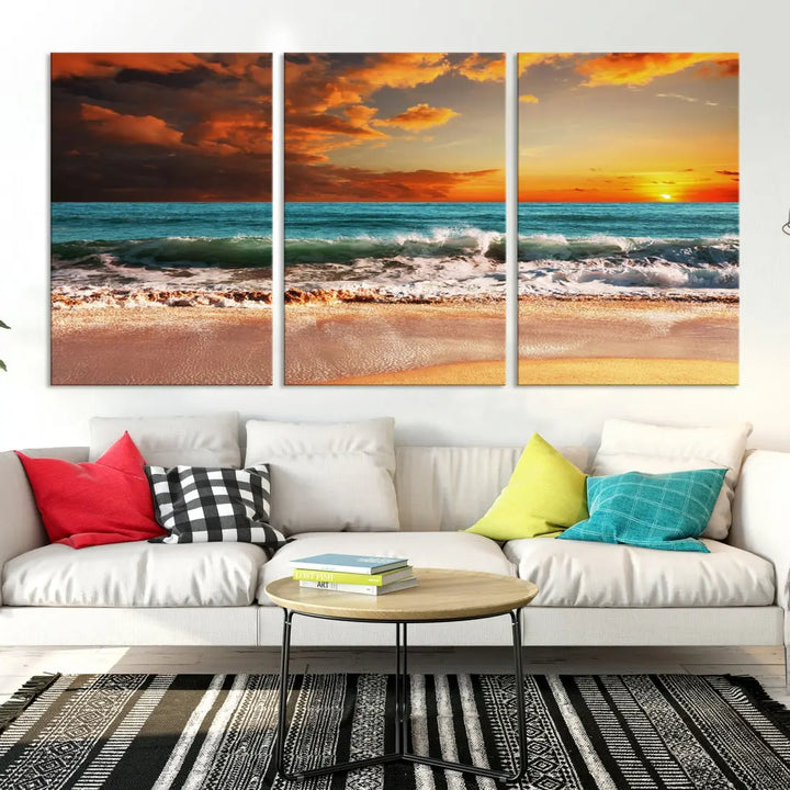 Thrilling Red Sunset Ocean Wave Beach Wall Art Canvas Print Coastal Printing