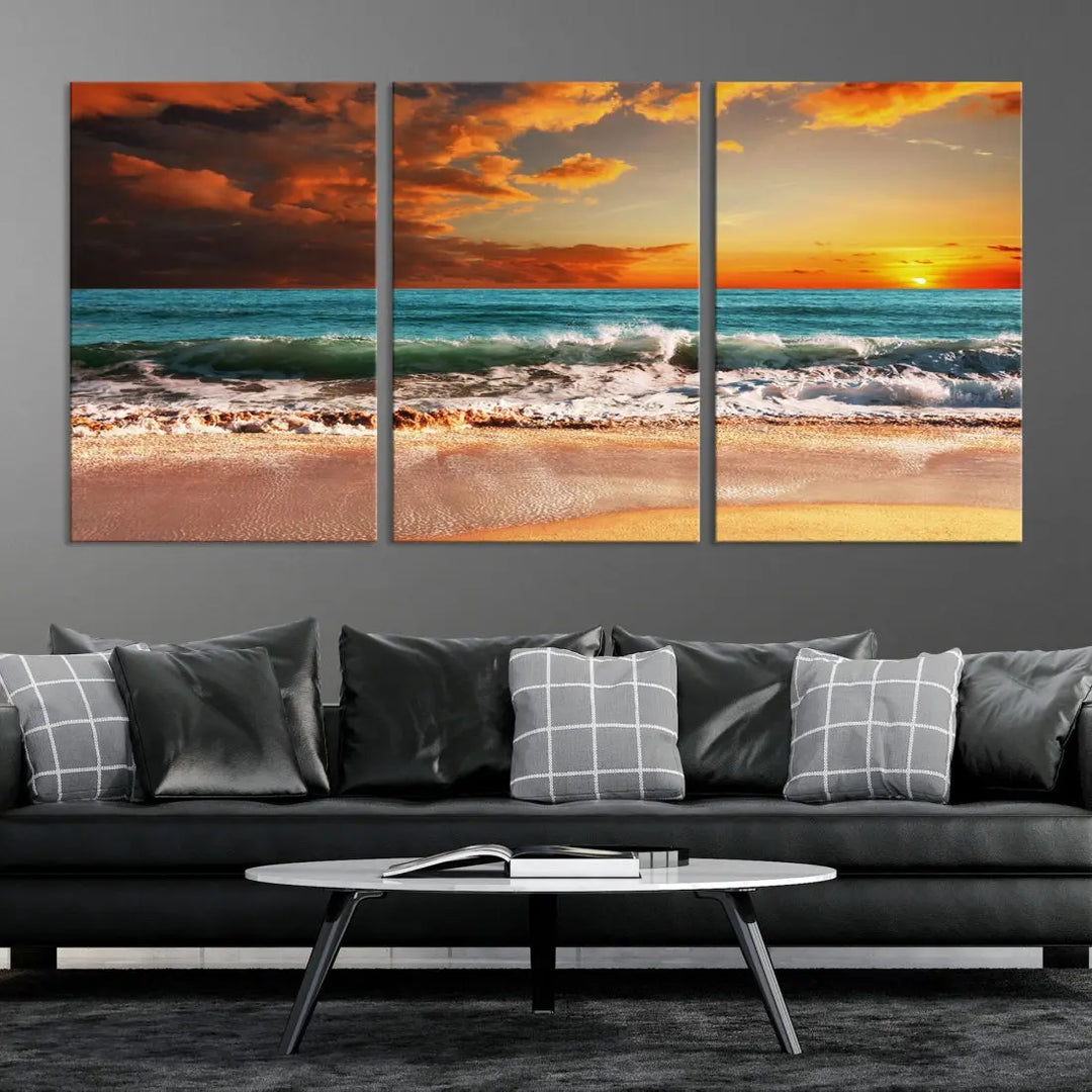 Thrilling Red Sunset Ocean Wave Beach Wall Art Canvas Print Coastal Printing