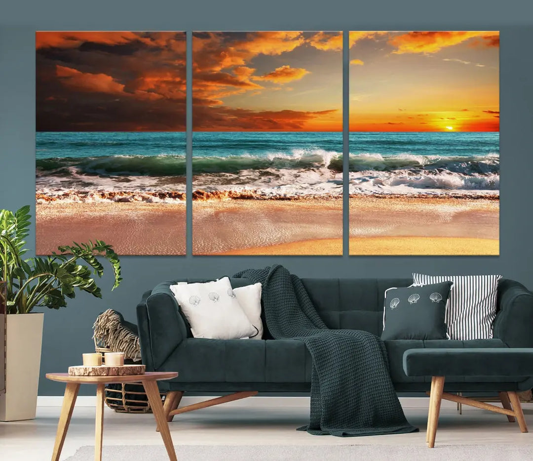 Thrilling Red Sunset Ocean Wave Beach Wall Art Canvas Print Coastal Printing