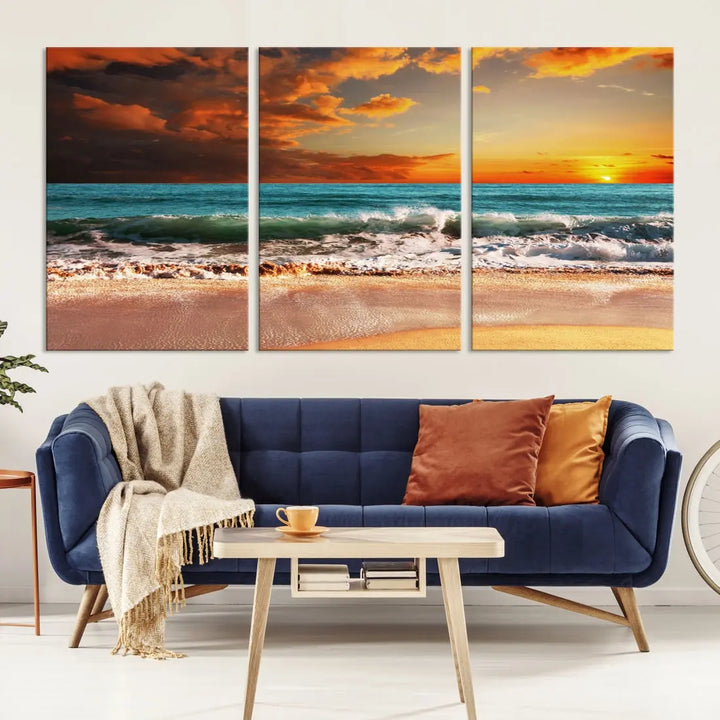 Thrilling Red Sunset Ocean Wave Beach Wall Art Canvas Print Coastal Printing