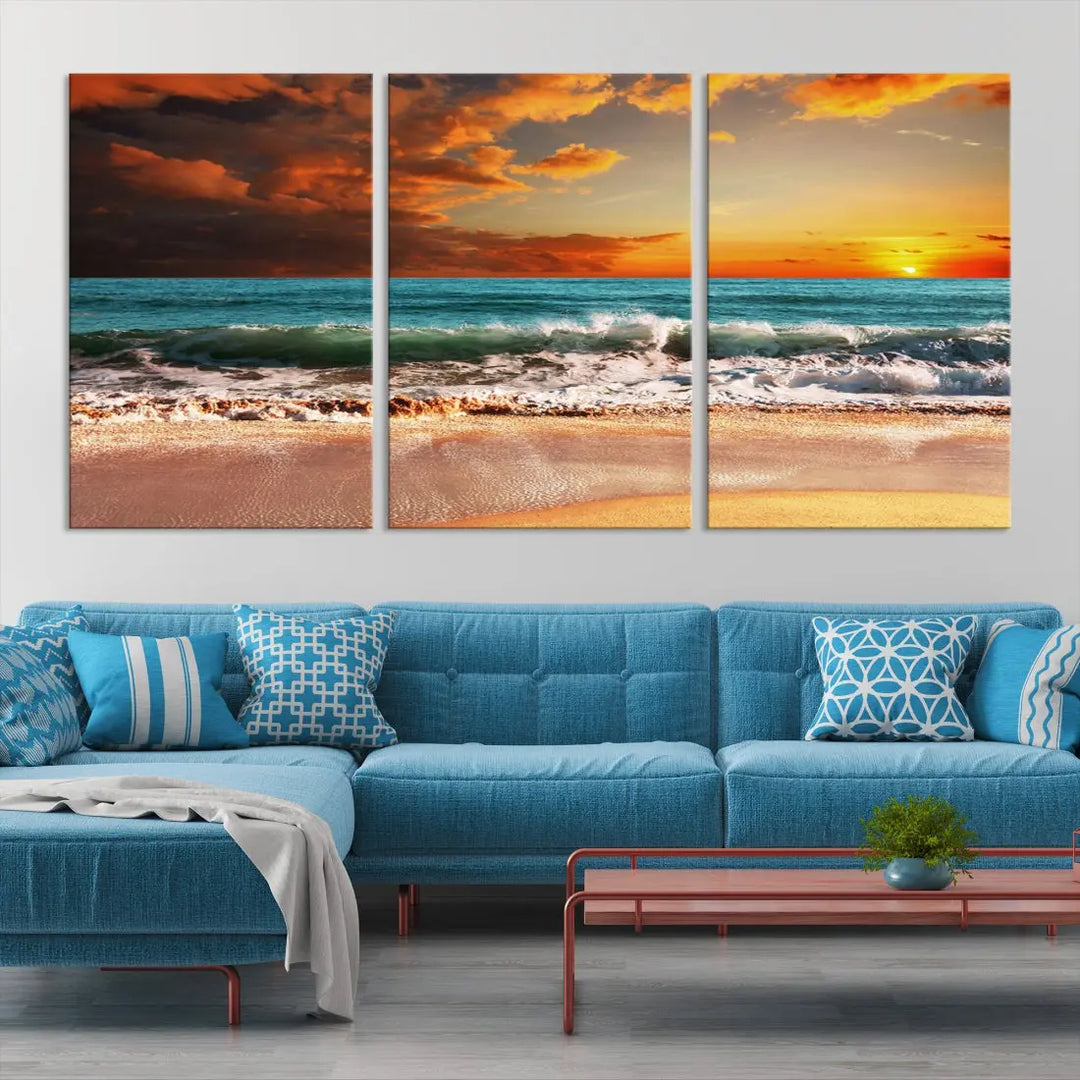 Thrilling Red Sunset Ocean Wave Beach Wall Art Canvas Print Coastal Printing