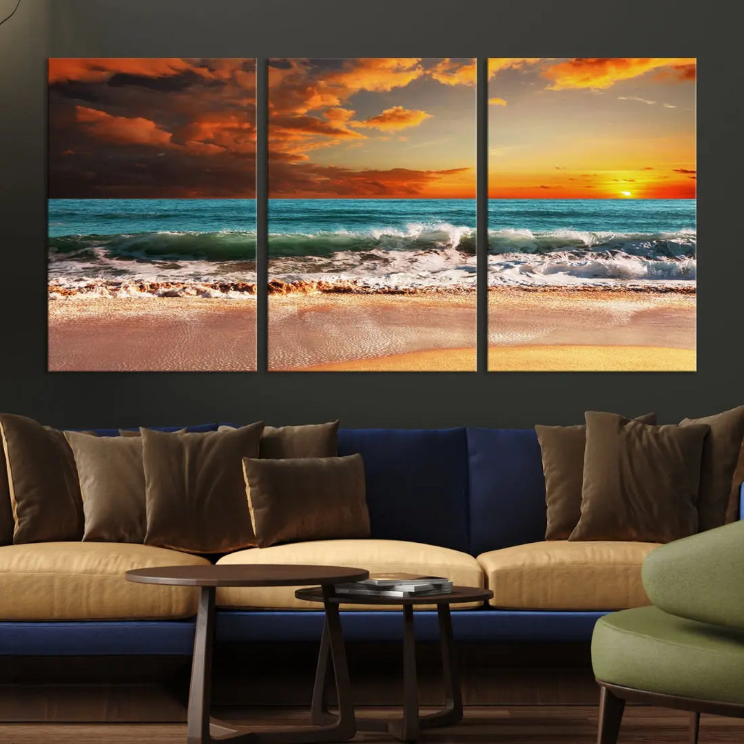 Thrilling Red Sunset Ocean Wave Beach Wall Art Canvas Print Coastal Printing