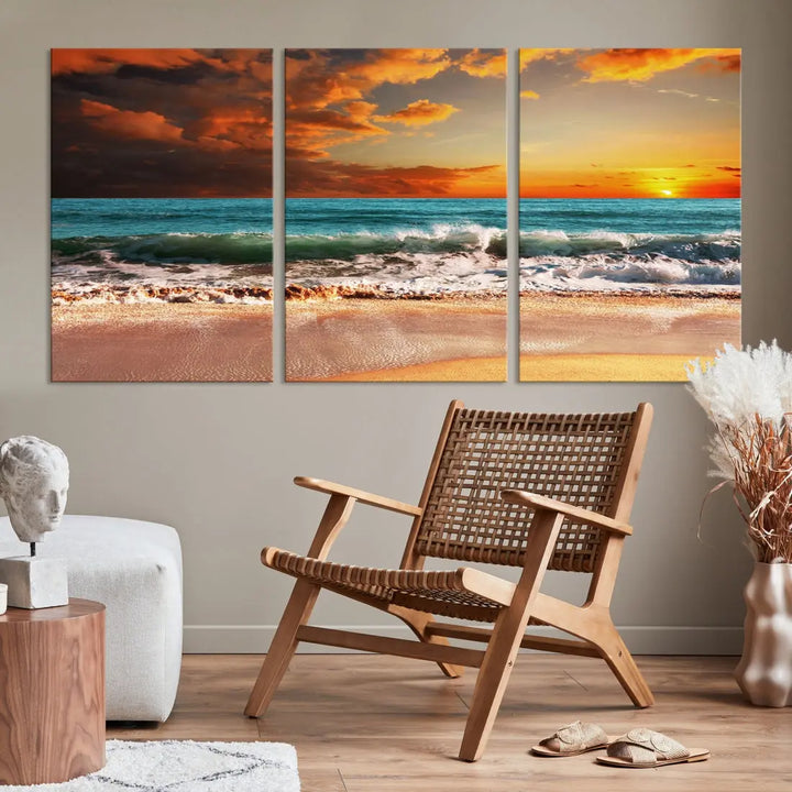 Thrilling Red Sunset Ocean Wave Beach Wall Art Canvas Print Coastal Printing