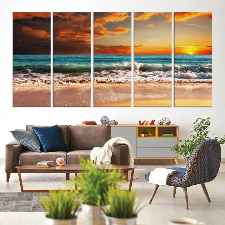 Thrilling Red Sunset Ocean Wave Beach Wall Art Canvas Print Coastal Printing