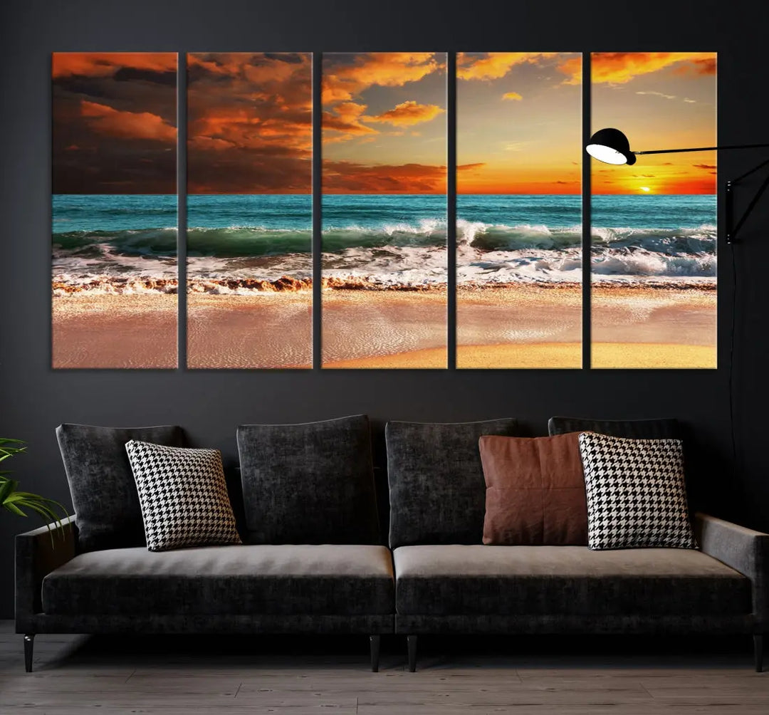 Thrilling Red Sunset Ocean Wave Beach Wall Art Canvas Print Coastal Printing