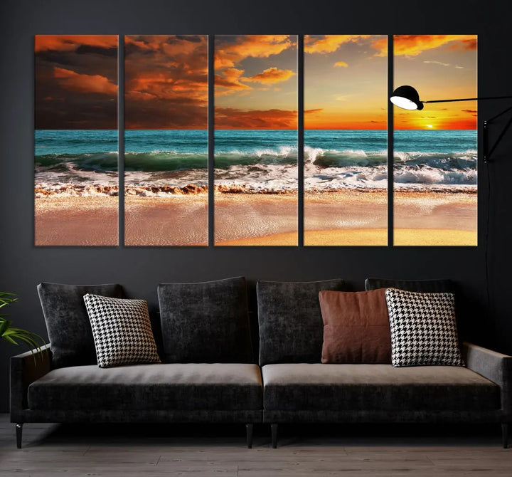 Thrilling Red Sunset Ocean Wave Beach Wall Art Canvas Print Coastal Printing