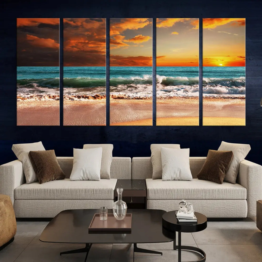 Thrilling Red Sunset Ocean Wave Beach Wall Art Canvas Print Coastal Printing