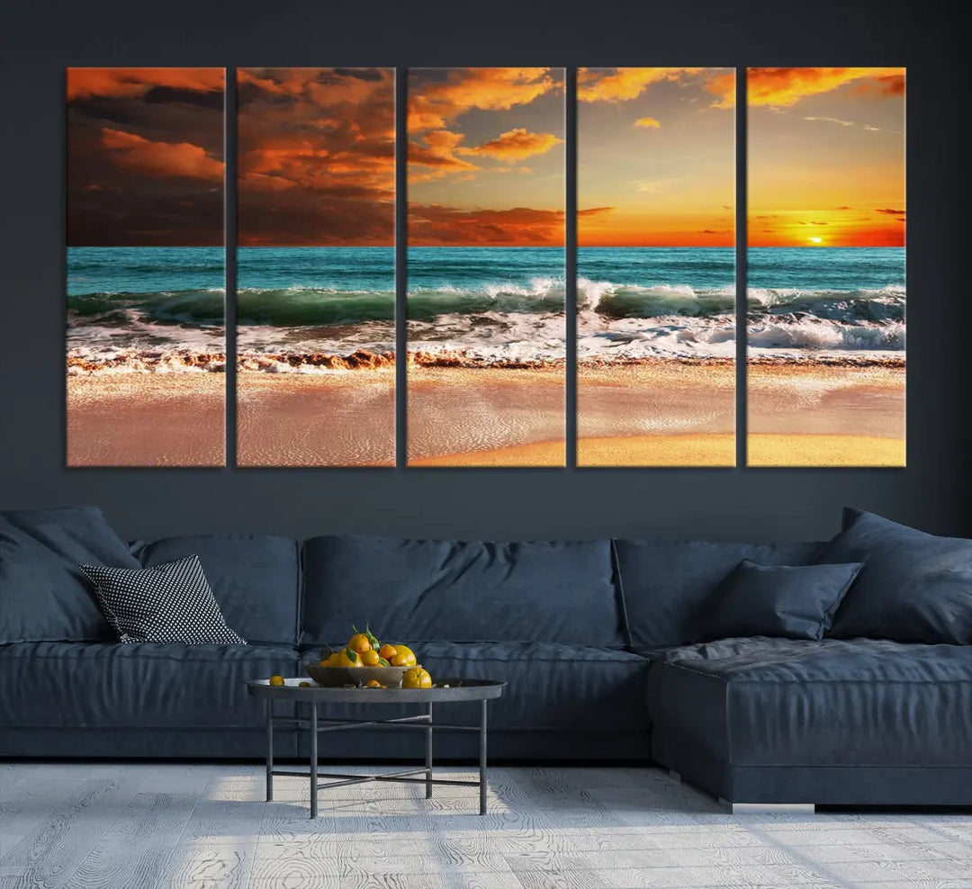 Thrilling Red Sunset Ocean Wave Beach Wall Art Canvas Print Coastal Printing