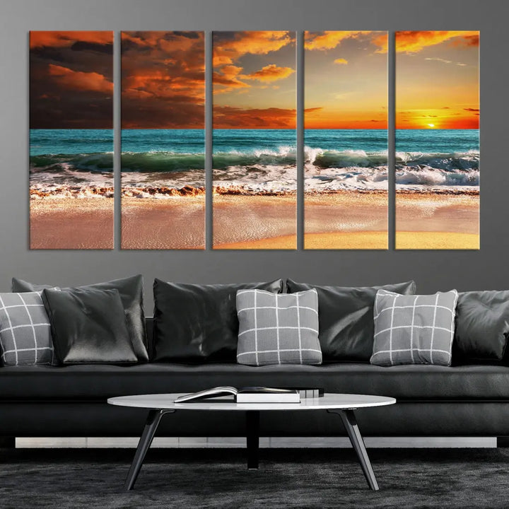 Thrilling Red Sunset Ocean Wave Beach Wall Art Canvas Print Coastal Printing